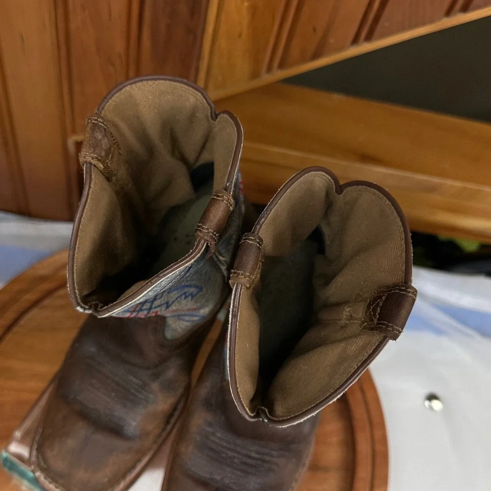 Ariat Kids Western Boots Brown Leather Blue Red Stitching Square Toe Size 1